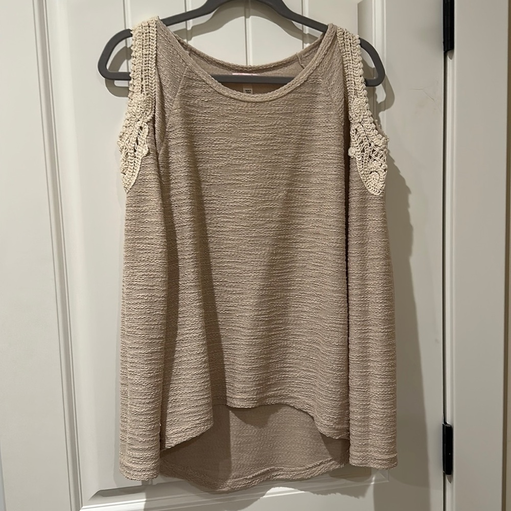Light tan and cream, cold shoulder crochet long sleeve top